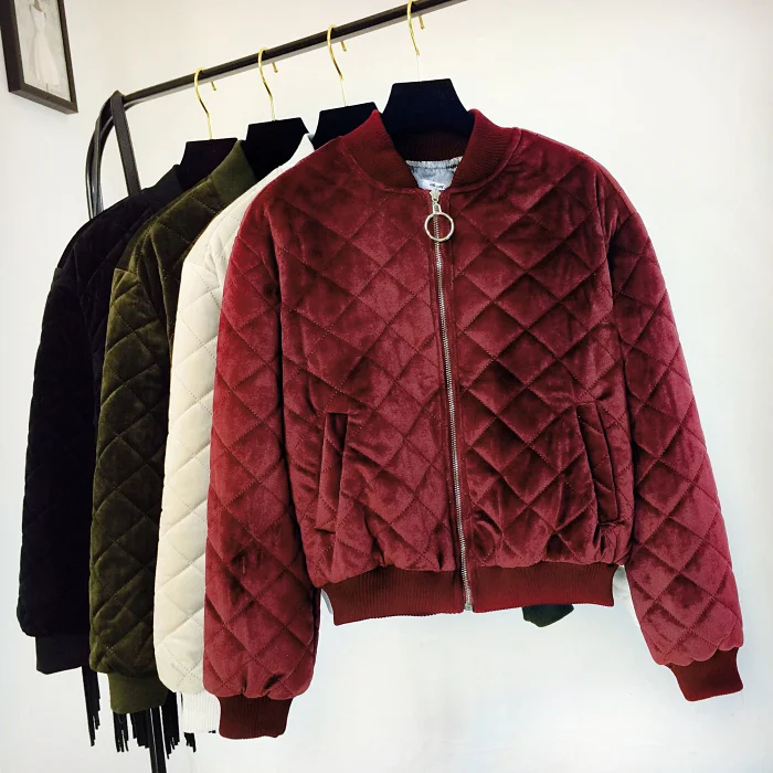 

2018 New Spring Autumn Women's Stand Collar Velvet Cotton-padded Jacket Pure Color Zipper Short Coat Quilted Baseball Uniform