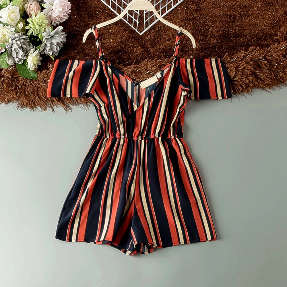 

Summer New 2019 Strapless Colorful Strip Playsuits Women Drop Off Shoulder Short Sleeve Hot Shorts Slash Neck Slim Sexy Jumpsuit