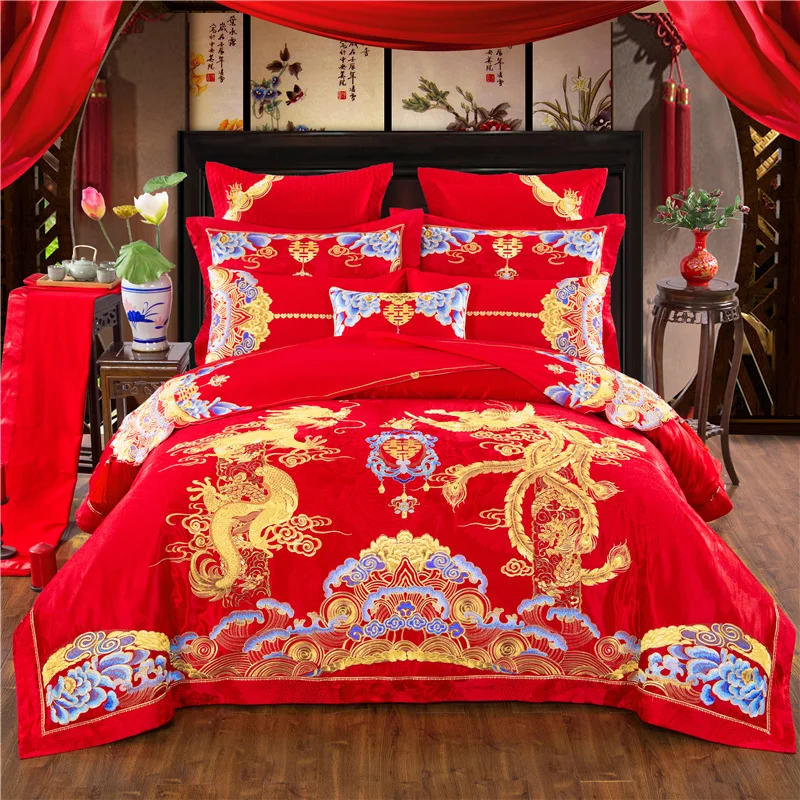 100 Cotton Luxury Red Wedding Bedding Set Golden Phoenix Dragon