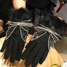 Женские теплые зимние перчатки, роскошные стразы, бант, мех кролика, перчатки для сенсорного телефона, полный палец, варежки для женщин
