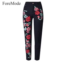 ForeMode Женские 2017 Вышивка Прямые Джинсы Женские Черные Джинсы Цветок Embroideried Брюки Черные Брюки