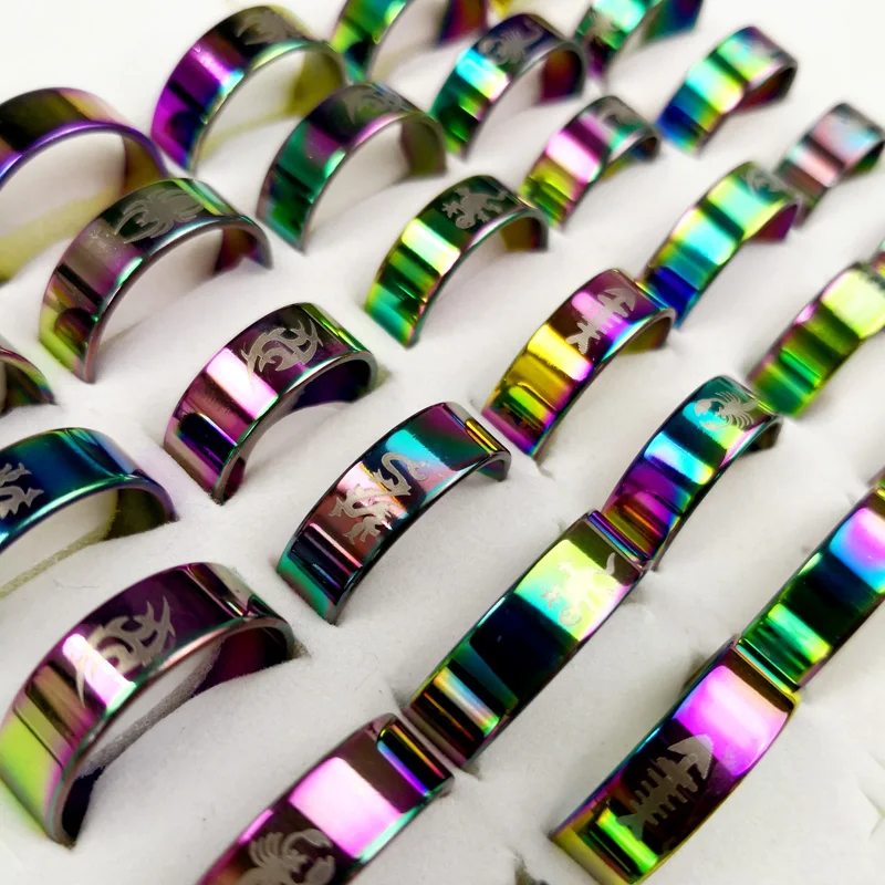 

300Pcs /Lot Fashion Rainbow Stainless Steel Rings For Women Men Gradient Jewelry Ring Wholesale Lots RL118