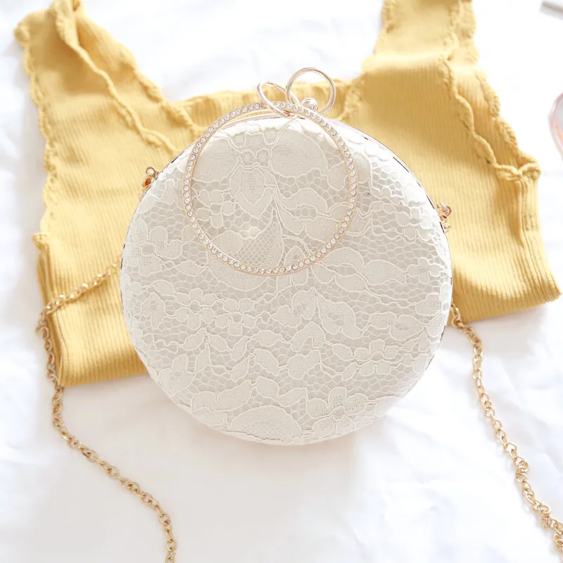 

Elegant Lace Flower Women Clutch bag Wedding Bridal Party Birthday Gift Hand Bag White Pink Round Evening Bag for Women 2019