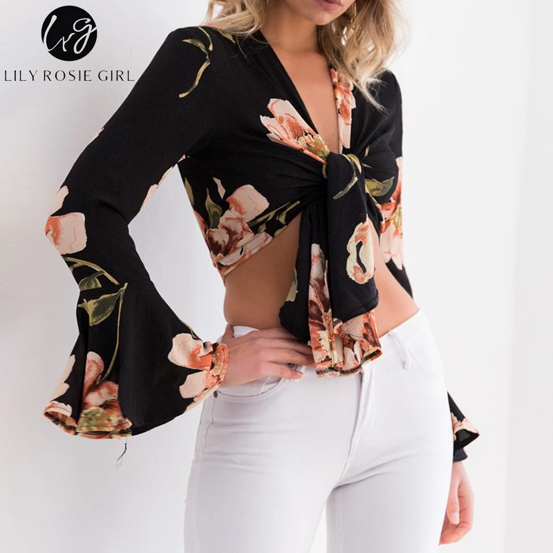 Lily Rosie Girl Bow Tie Crop Sexy Women Blouses Floral Print Long Flare Sleeve Short Shirts Boho Beach Black Shirt Ladies Blouse