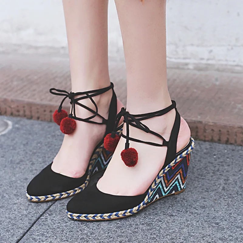 

Women's Platform Shoes Espadrille Wedge Heel Sandals Lace Up Ankle Strap Chic