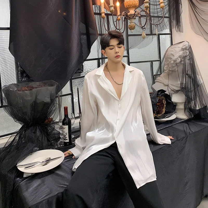 Men Organza Split Sexy Casual Long Sleeve Shirt Male Translucent Fashion Long Style White Black Dress Shirts Nightclub Clothes