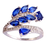 JROSE Fashion Wedding Jewelry Leaves Sapphire & White Topaz 925 Silver Ring Size 7 8 9 10 Free Shiping Wholesale Gift