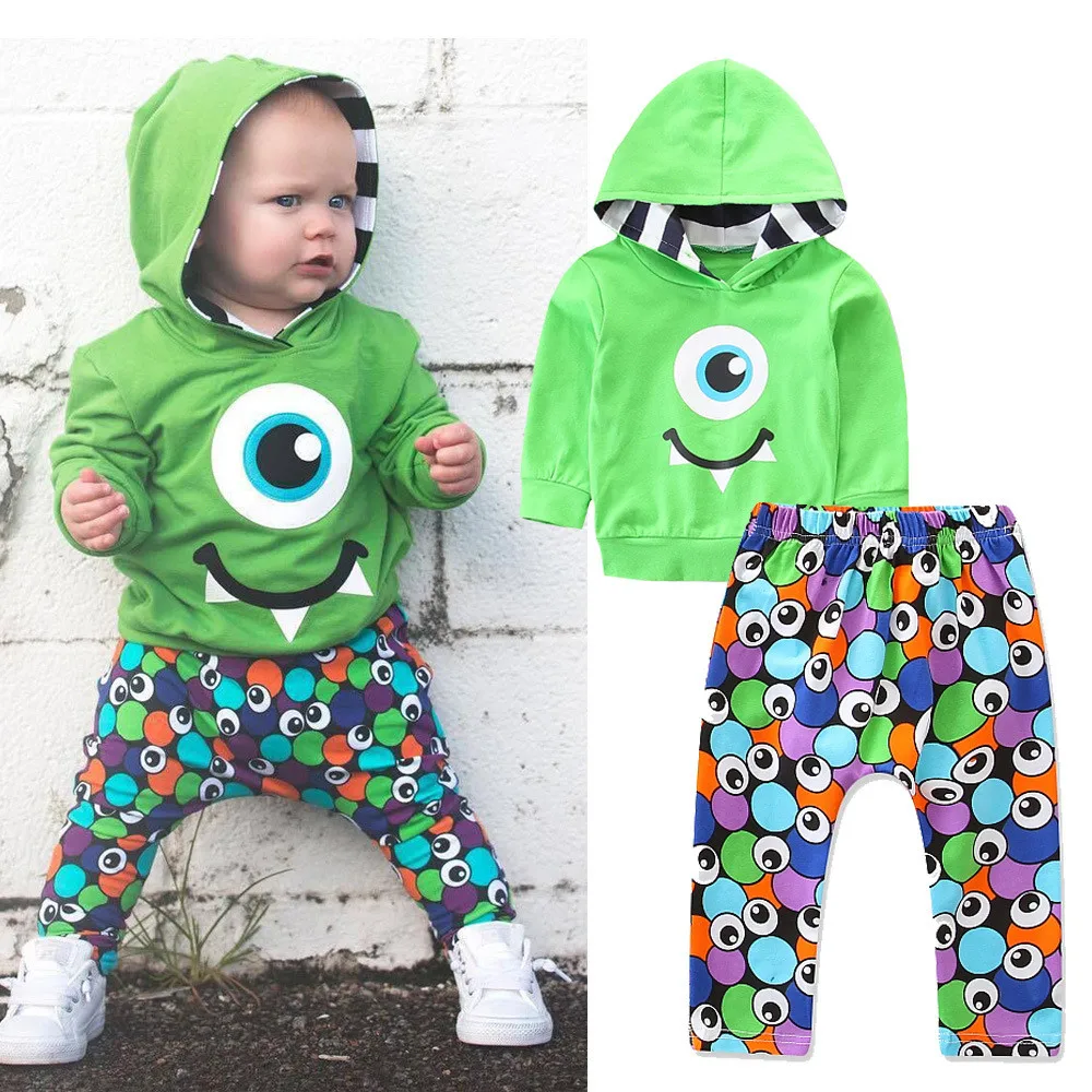 Коллекция года, модные комплекты для детей Детский костюм с детскими рисунками для маленьких мальчиков и девочек, топы с капюшоном и штаны, комплект одежды зеленого цвета для малышей, Kleding