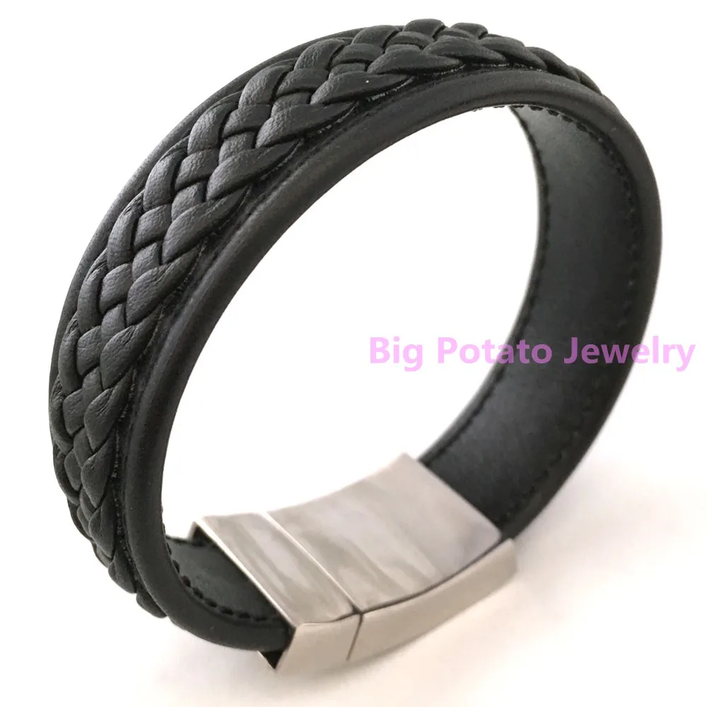 Простая атмосфера 47 г очаровательный мужской мальчик браслет 316L Нержавеющая Сталь Серебряный черный кожаный браслет Популярные ювелирные изделия 24 см* 20 мм