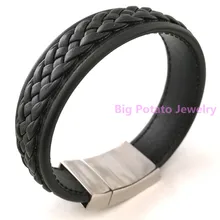 Простая атмосфера 47 г очаровательный мужской мальчик браслет 316L Нержавеющая Сталь Серебряный черный кожаный браслет Популярные ювелирные изделия 24 см* 20 мм