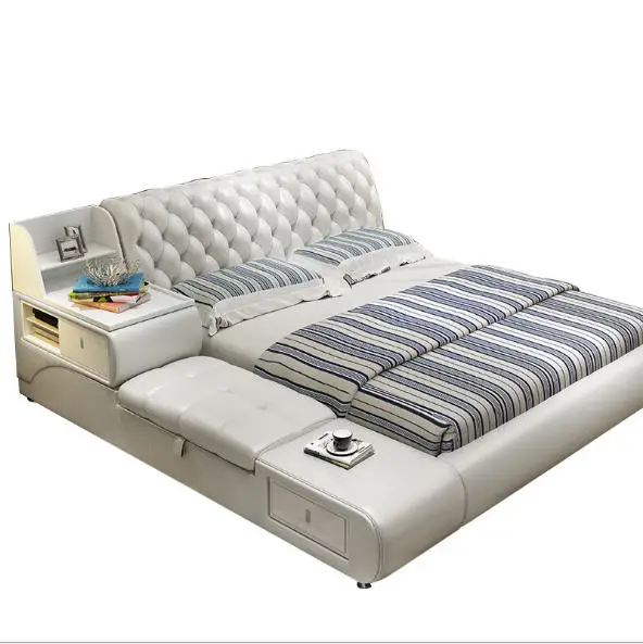 Постельная современная кровать из натуральной кожи/мягкая кровать/двуспальная кровать king/queen size мебель для спальни с ящиком для хранения и ящиками
