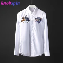 Рубашка из чистого хлопка для мужчин с вышивкой волчьей головы тонкая сорочка homme брендовая деловая Мужская рубашка однотонная с длинным рукавом