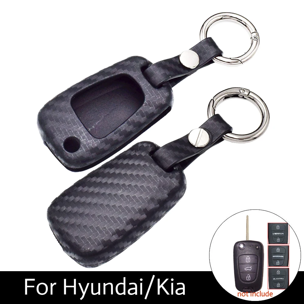 

Carbon Fiber Pattern Silicone Scratch-resistant Car Flip Key Keychain Cover Case For Kia Hyundai Verba Folding Key with Key Ring