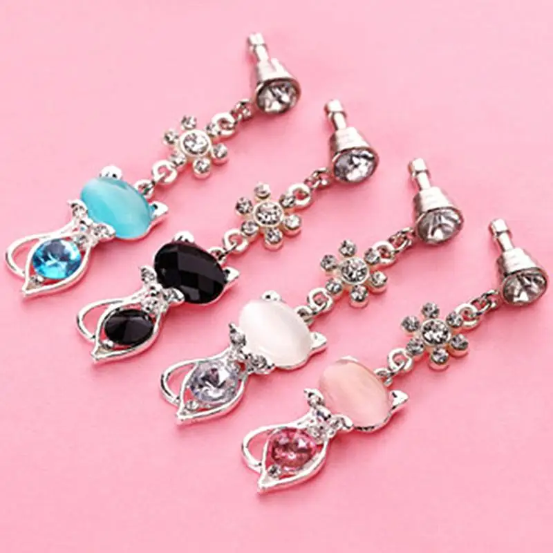 3.5mm Universal Headphone Dust Plug Rhinestone Cat Mobile Phone Accessorie Pendant Decoration for Huawei Samsung 3.5mm Headphone