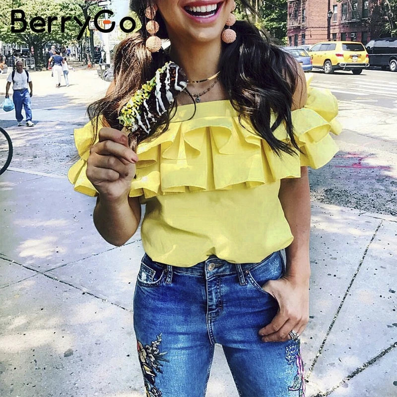 

BerryGo Summer yellow crop top chemise femme Elegant sleeveless women tops camiBackless ruffle cold shoulder camisole tank top