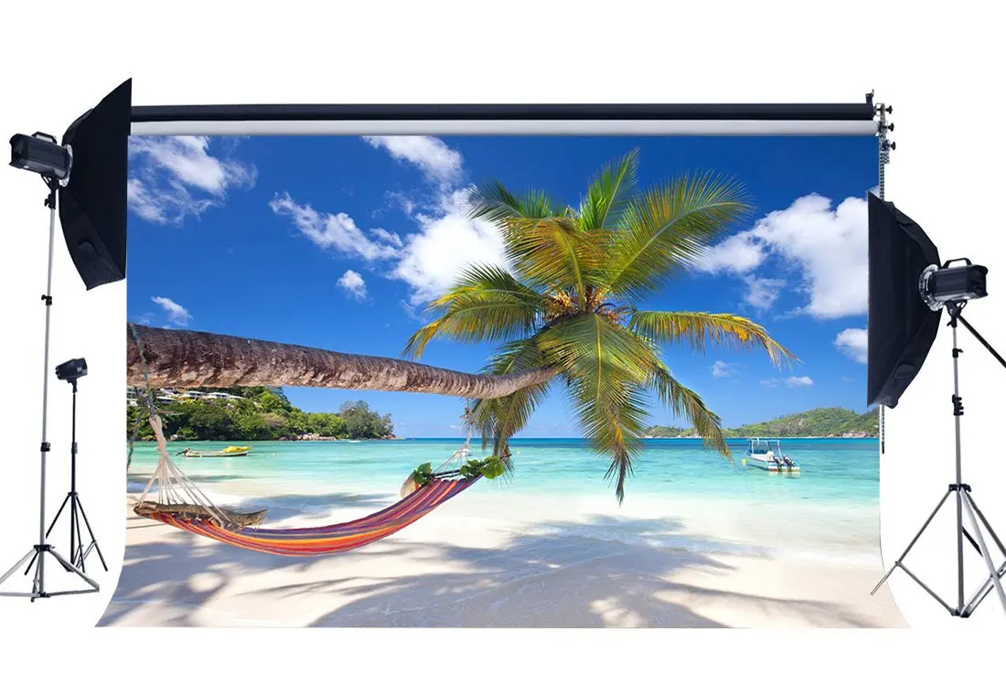 

Seaside Sand Beach Backdrop Coconut Trees Blue Sky White Cloud Nature Ocean Sailing Summer Journey Background