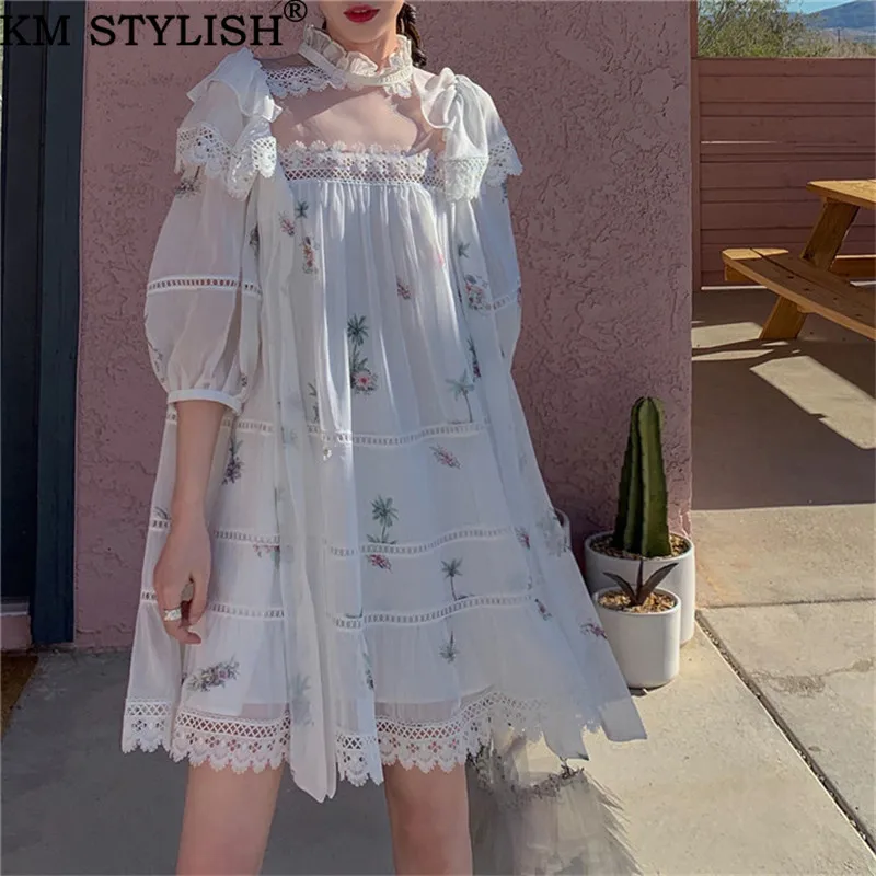 

2019 Summer Fairy Lady French Loose Lace Dress Temperament Lantern Sleeve Turtleneck Fresh Floral Ruffle A-line Big Swing Dress