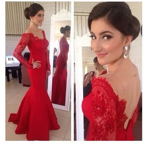 

Elegant V Neck Lace Red Evening Dresses Long Sleeve vestido de renda longo Open Back Mermaid Prom Party Gowns 2015 New Arrival