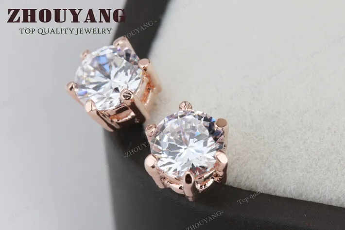 ZHOUYANG серьги-гвоздики для женщин классические шесть когтей 5 мм 0.5ct круглой огранки кубического циркония цвета розового золота модные ювелирные изделия ZYE036