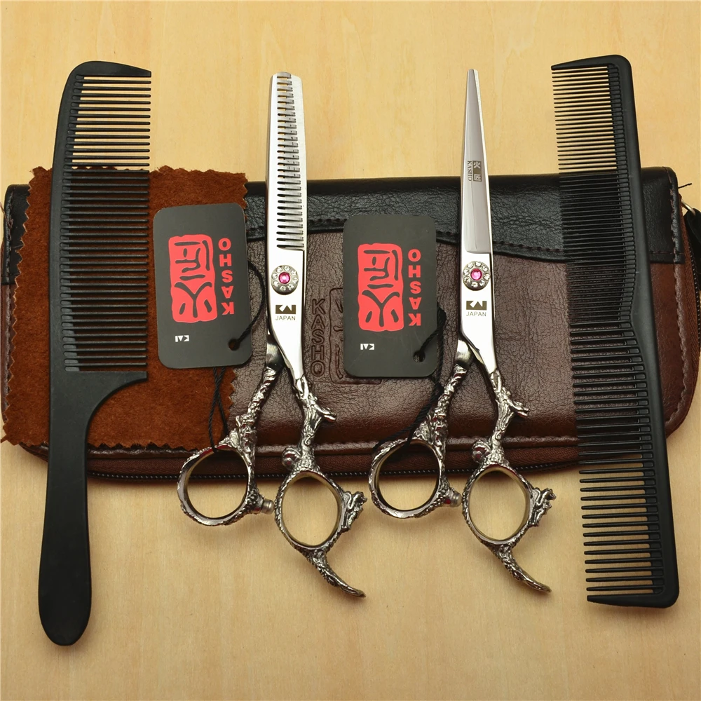 

4Pcs Suit 6'' Silvery JP Kasho Professional Human Hair Hairdressing Shears Combs + Cutting +Thinning Shears Dragon Carving H9005