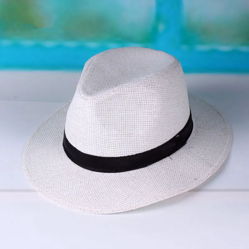 Straw Panama Hats for Men Summer Womens Sun Hat with Ribbon Band White