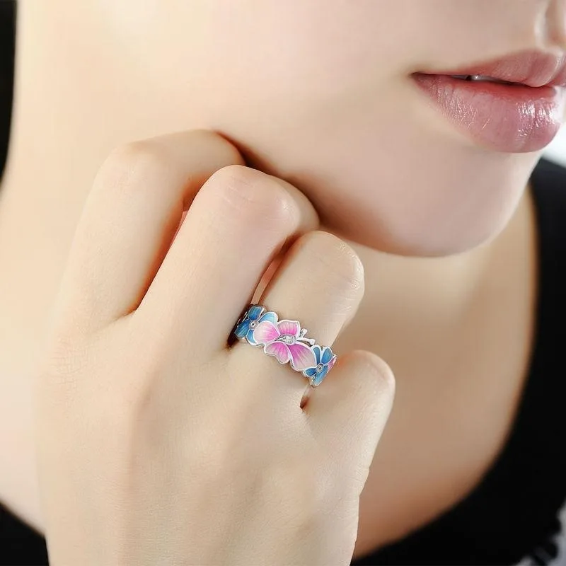 Модное кольцо с узором в виде цветов и бабочек, кольцо на палец розового и голубого цвета для женщин, свадебные, вечерние украшения, аксессуары в подарок