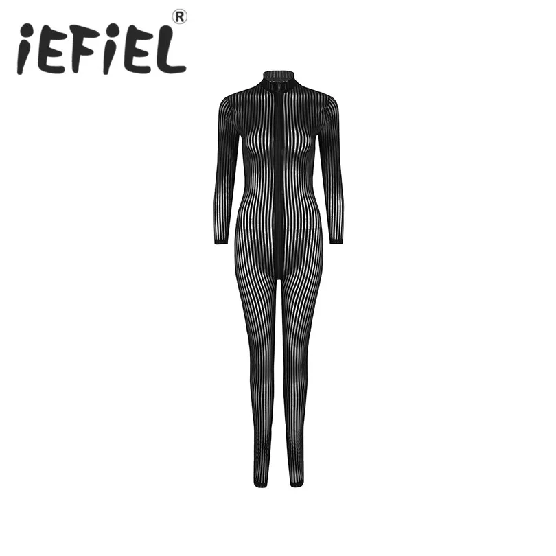 

Sexy Women Striped Lingerie Long Sleeves Double Zipper Sheer Smooth Open Crotch Catsuit Bodysuit Nightwear Clubwear Underwear