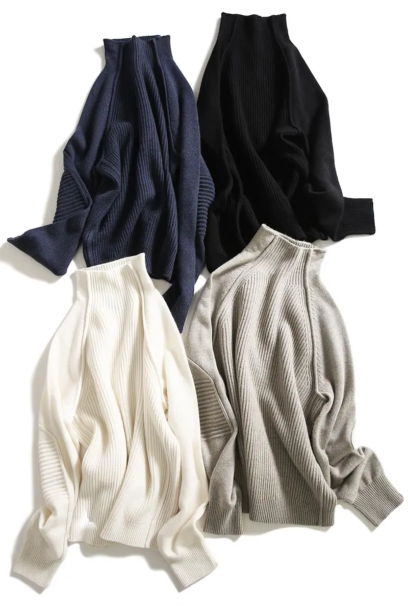 Свободные кашемировые шерстяные свитера JECH, весенние женские теплые однотонные повседневные толстые свитера с длинным рукавом и воротником-хомутом, вязаные джемперы