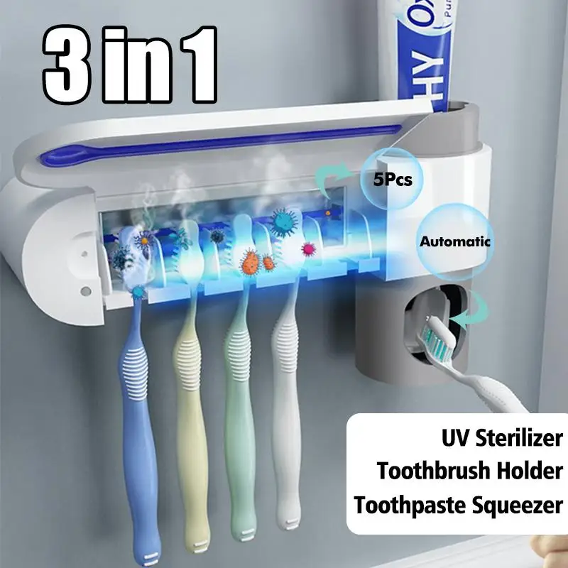 

NEW 3 in 1 Automatic Toothpaste Squeezer Dispenser Intelligent Sterilizer UV Light Ultraviolet Toothbrush holder Bathroom Set