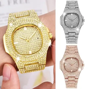 

Luxury Golden Business Watches Men Minimalism Analog Quartz Date Wristwatch Fashion Bling Diamond Watch Crystal Rhinestone Clock