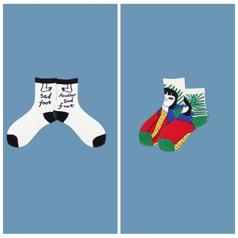 2 пар/компл. Лидер продаж футболка с забавным мультипликационным принтом «Девочка с рисунком Для женщин хлопковые носки Для женщин короткий Hipster Повседневное креативные носки для искусства Смешные Носки - Цвет: W1GIRL