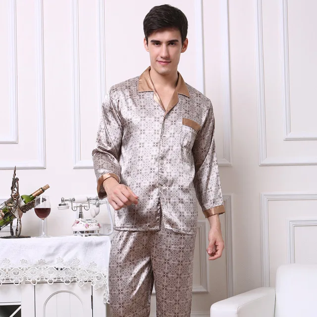 New Luxury pajamas Men Paisley Pattern Sleepwear Silk long sleeved