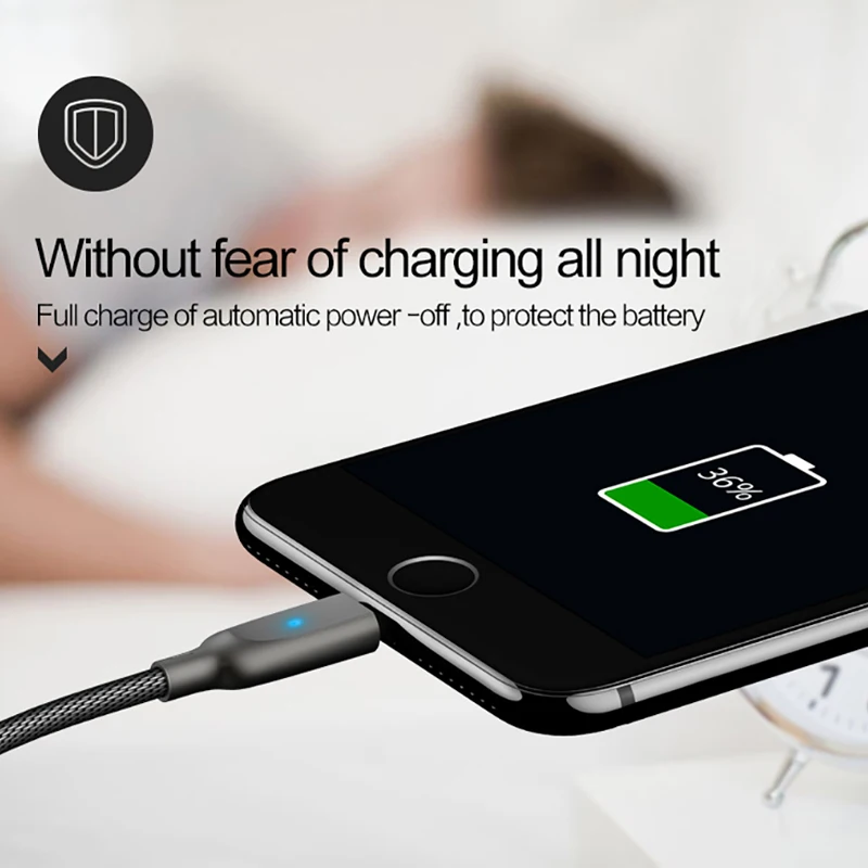 USAMS for iPhone X Cable for iPhone 8 7 6 6s 5s Auto Disconnected Nylon Braided cable LED light iOS 11 10 9 smart charger cable