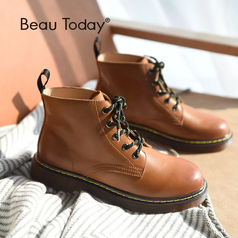 

BeauToday Ankle Boots Women Waxing Cow Leather lace-Up Round Toe Genuine Leather Top Brand Winter Lady Shoes 03419