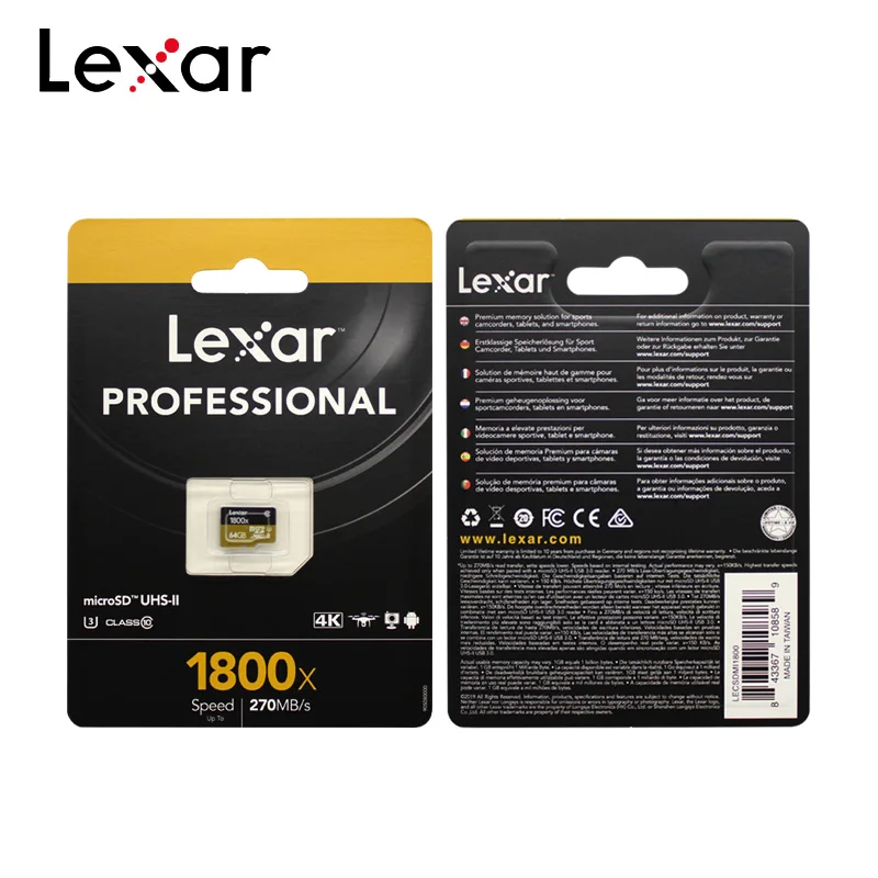 Lexar Профессиональный 1800x TF карты UHS-II Micro SD Card 64 Гб оперативной памяти, 32 Гб встроенной памяти до 270 МБ/с. U3 Class10 слот для карт памяти, флеш-карта