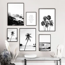 Tela de paisagem escandinaviana, poster oceano, praia, palmeira, arte em palmeira, citação positiva, pintura nórdica, preto e branco, decoração de casa
