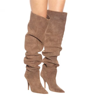 

Female Fashion Pleated Suede Leather Over-the-knee Boots Ladies Pointed Toe Solid Stiletto Heels Dress Long Grey Boots