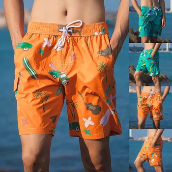 

Men Pants Men's Printed Double-Pocket With One Middle Pocket Loose Elastic Rope Beach Pants