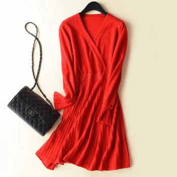 

Autumn Women Fashion's Wool Dress V-neck Flare Sleeve Long Sleeve Knitted Sweater Dresses S-2XL