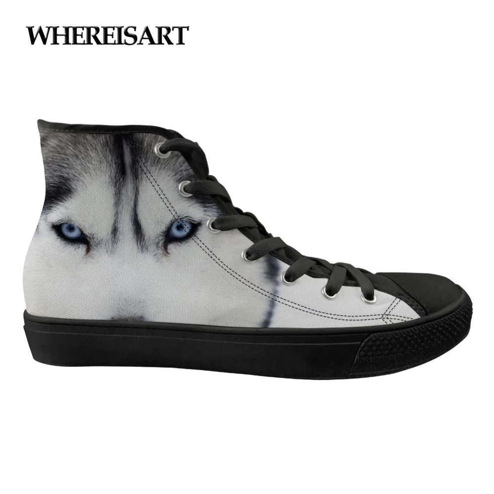 

WHEREISART High Top Flats Canvas Shoes for Women White Wolf Pattern Casual Women's Sneakers Lace Up Breathable Flat Ladies Shoe