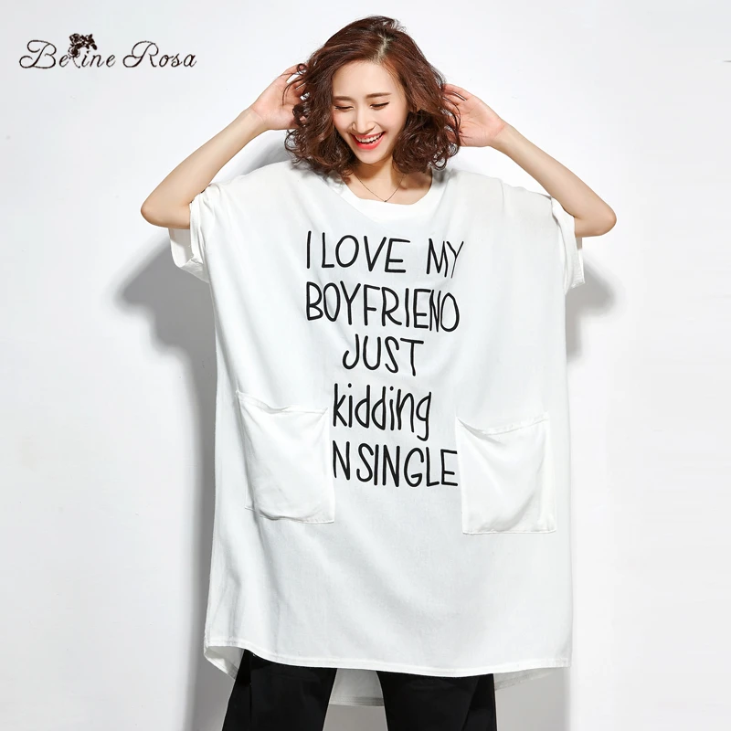 

BelineRosa 2019 Women's T-Shirt Dresses Letter Print Big Pocket White Tunic European Casual Style Tunic Dresses Female E000034