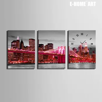 

Free Shipping E-HOME The City's Red Neon Clock in Canvas 3pcs wall clock