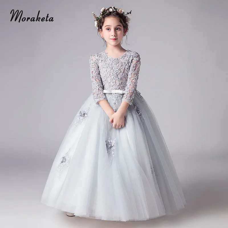 

Appliques Tulle Ball Gowns For Girls 2019 New O-neck Lace Grey Floor-length Long Flower Girl Dresses With 3/4 Sleeves