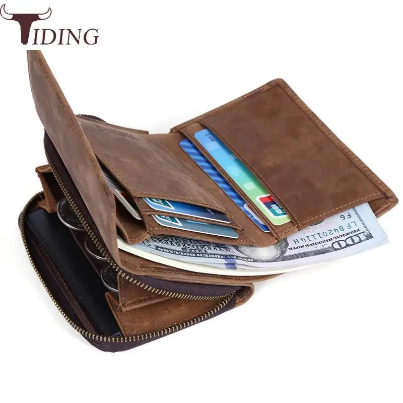 

Tiding Designer Genuine Leather Mens Trifold Wallet with Coin Pocket Top Quality Vintage Solid Zipper & Hasp Womens Short Purse