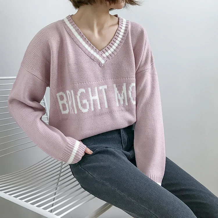 

V Neck Letter Korean Style Women Sweater Preppy Style Thin Knitted Pullovers Long Sleeve Autumn Women Winter Tops
