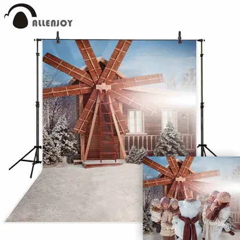 

Allenjoy photography background winter windmill pine tree snow nature backdrop photo studio shoot prop fabric printed