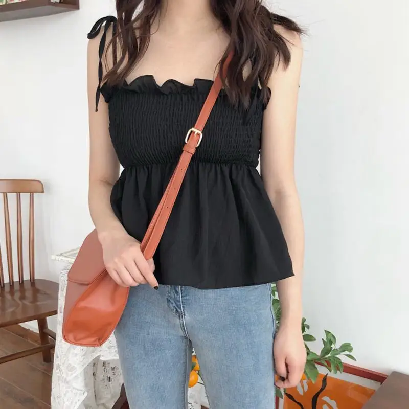 

Yfashion Ruffles Elastic Camis T Shirt Women Summer Fashion Cute Simple Solid Color Pressed Pleat Sling Tops Camis Female