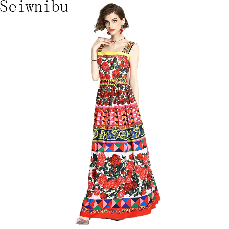 

Seiwnibu 2018 Pattern Printing Harness Dress Sexy Long Backless Button Fashion Beach Summer tank Dress