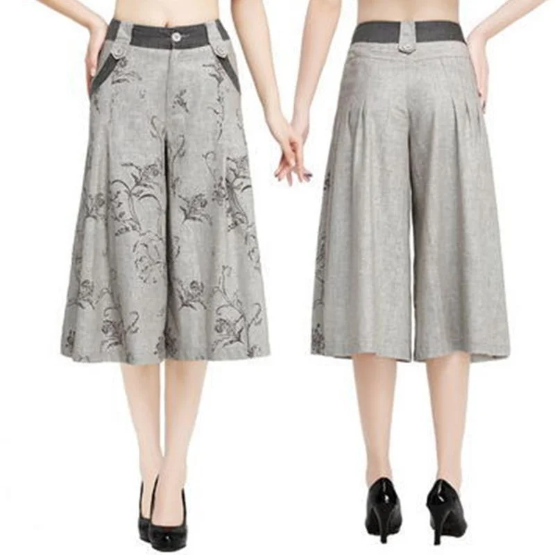 

Free Shipping New Arrival 2018 High Quality Women's Summer Linen Divided Mid-calf Length Skirt pants big Wide leg Capris pants
