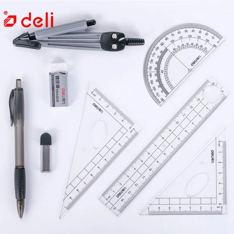Deli 8 шт. набор линейки треугольные измерительные правила компасы тест на